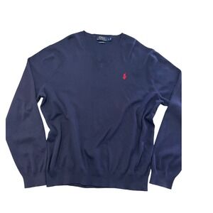 Polo Ralph Lauren Mens Navy Blue Pima Cotton V-Neck Sweater Size Large Pony Logo